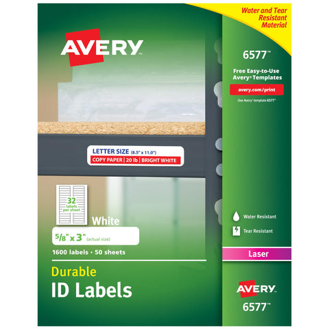 Avery Durable White Cover Up ID Labels for Laser Printers, 0.625" x 3", Pack of 1600 (6577)