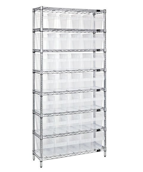 Quantum Storage Systems WR8-802CL Wire Heavy Duty 8 Shelves 35 STORE-MAX Clear Bins 74" H x 36" W x 12" D