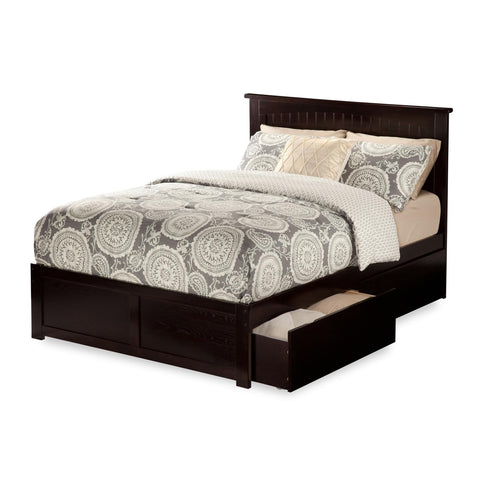 Nantucket Queen Platform Bed with Flat Panel Foot Board and 2 Urban Bed Drawers in Espresso