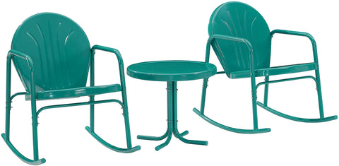 Griffith 3Pc Retro Outdoor Rocking Chair Set Turquoise Gloss - Side Table & 2 Rocking Chairs
