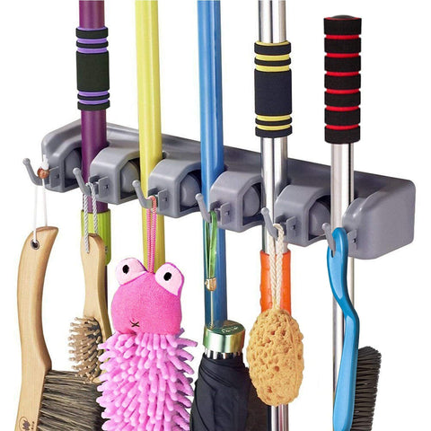 Magic Holder Wall Organizer, Secure Five Slot Broom and Mop Holder with Six Hanging Hooks, Sturdy Storage Rack for Closet, Kitchen, Garage, Tools or Laundry Room, Easy to Mount