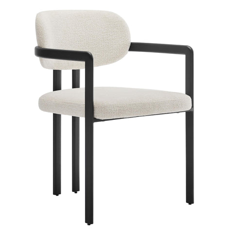 Modway Elio Modern Barrel Dining Chair with Open Back in Black Cream – Upholstered Fabric Armchair with Metal Frame