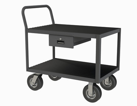 Low Deck Service Truck With 8 Inch x 2 Inch Semi-Pneumatic Casters (2) Rigid And (2) Swivel 2 Shelves 1 Drawer Non-Slip Black Vinyl Matting On Both Shelves And Raised Offset Handle Gray