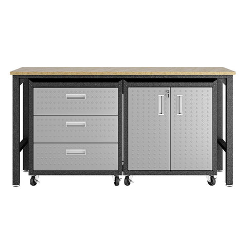 Manhattan Comfort 3-Piece Fortress Mobile Space-Saving Garage Cabinet and Worktable 3.0 in Grey