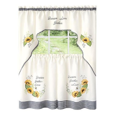 ACHIM Embellished Tier and Swag Window Curtain Set - 58 Inch Width, 36 Inch Length - Sunflower Picnic - Light Filtering Drapes for Kitchen Bedroom, Living & Dining Room Home Decor