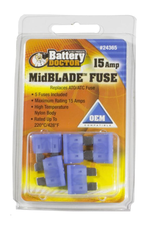 WirthCo 24365 Battery Doctor 15 Amp MidBlade Fuse, 5 Pack