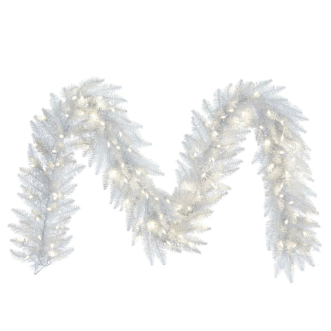 Vickerman 9' White Artificial Christmas Garland, Warm White Dura-Lit LED Lights - Faux Fir Christmas Garland - Indoor Seasonal Home Decor