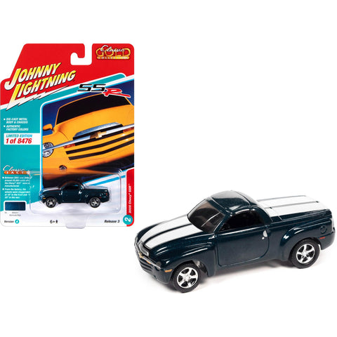 Johnny Lightning 2005 Chevrolet SSR Pickup Truck Bermuda Blue Metallic with White Stripes Classic Gold Collection Series Limited Edition to 8476 Pieces Worldwide 1/64 Diecast Model Car