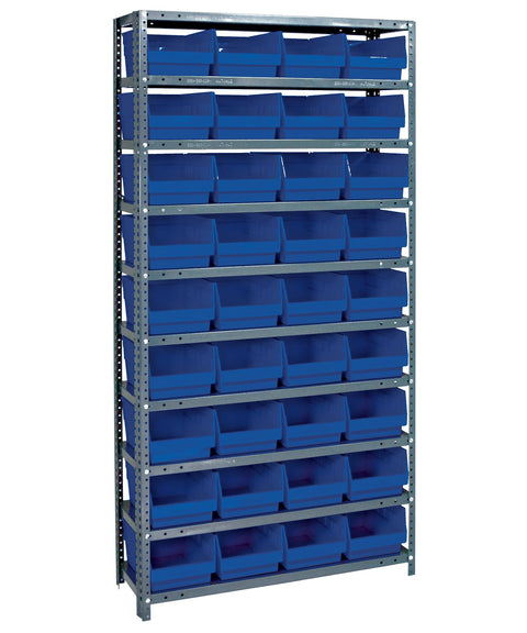 Quantum QFS-1275-207BL Heavy Duty 10-Shelf Storage System with 36 Blue Bins, Steel Shelving Unit, 75" H x 36" W x 12" D Industrial Parts Organizer Rack