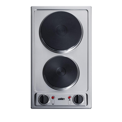 Summit 12" 2 Burner Electric Cooktop. 115 Volt Solid Disk Cooktop, ADA compliant, Stainless Steel, Cast Iron- CSD2B115