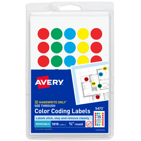 Avery See-Through Color-Coding Removable Labels, 3/4 Inch Round Labels, Assorted Translucent Colors, Non-Printable, 1,015 Dot Stickers Total (5473)