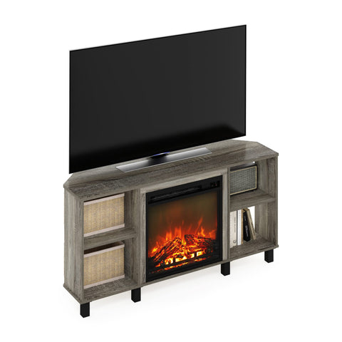 Furinno Jensen Corner Fireplace TV Stand with 4 Open Compartments for TV up to 55 Inches French Oak Grey