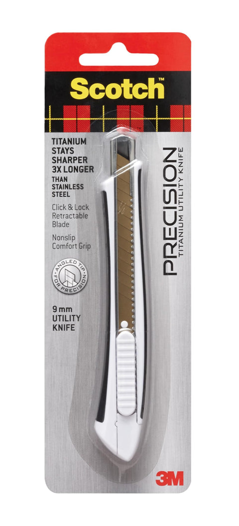 Scotch Titanium Snap-Off Utility Knife – Small 9mm Precision Cutter with Click & Lock Blade, Comfort Grip Handle (Titanium Stays Sharp 3X Longer)