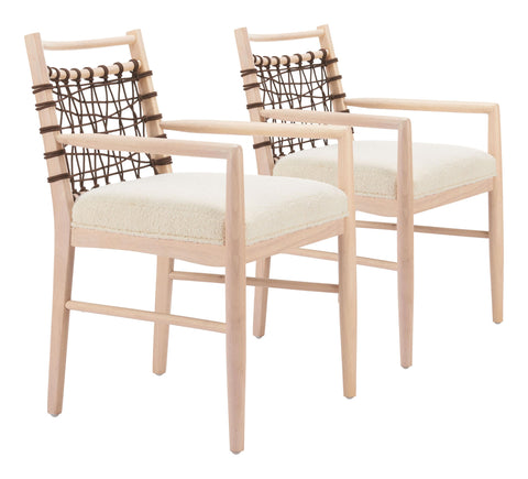 Zuo Wezly Dining Chair (Set of 2) Ivory, Beige Dining Chair, Armrest Support, Rubberwood, Indoor Dining, 23.2" W x 23.6" D x 33.5" H