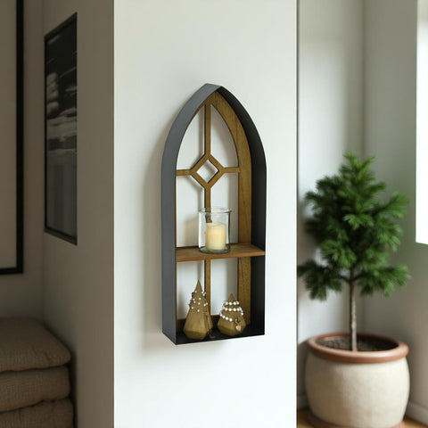 Meliora 23.75" Cathedral Window Curio Shelf – Wood & Metal – Modern Minimalist Design – Matte Black Finish – Ideal for Table or Wall - Living Room Decor – by Cheungs