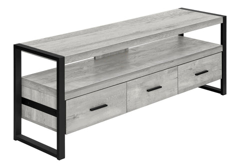 Monarch Specialties TV Stand-Console with 3 Drawers and Shelves-Industrial Modern Style Entertainment Center with Metal Legs, 60" L, Grey Reclaimed Wood Look