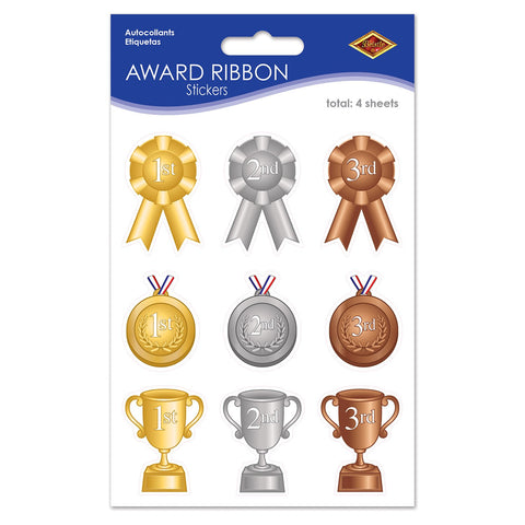 Beistle Award Ribbon Paper Stickers 4 Sheets Sports Party Supplies Educational School Spirit Favors, 4.75" x 7.5", Gold/Silver/Bronze