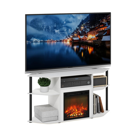 Furinno Jensen Fireplace TV Stand, Corner Entertainment Center, TV Console for TV up to 55 Inch with Fireplace, Plastic Poles and Open Storage, for Living Room, Bedroom, Solid White