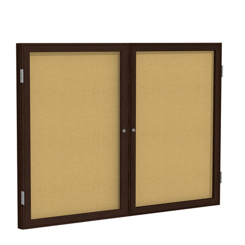 Ghent 3" x 4" 2-Door indoor Enclosed Bulletin Board , Shatter Resistant, with Lock, Wood Frame Walnut Finish Natural Cork (PN234K) Made in the USA