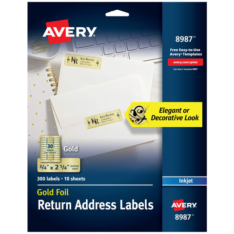 Avery® Printable Return Address Labels, 0.75" x 2.25", Gold Foil, 300 Blank Mailing Labels (08987)
