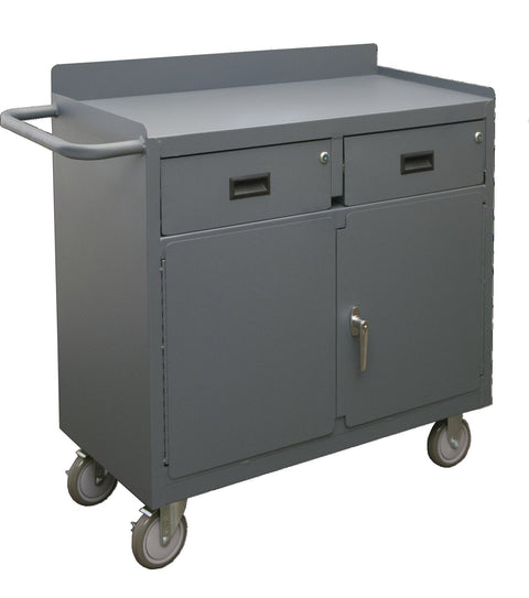 Mobile Bench Cabinet With 5 Inch X 1-1/4 Inch Polyurethane Casters (2) Rigid And (2) Swivel 1 Fixed Shelf And 1 Adjustable In Cabinet Compartment 2 Doors 2 Drawers Lockable Tubular Push Handle Gray