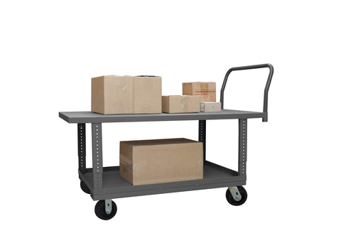 Platform Truck Adjustable Work Height 12 Gauge 2000 lbs Capacity 2 Shelves 30 x 60 Lipped/Flush Combination Shelves 5 x 2 Phenolic Casters - (2) Rigid (2) Swivel Gray