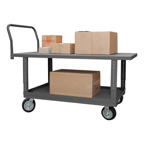 Platform Truck Adjustable Work Height 12 Gauge 2000 lbs Capacity 2 Shelves 24 x 48 Lipped/Flush Combination Shelves 6 x 2 Mold-On Rubber Casters - (2) Rigid (2) Swivel Gray