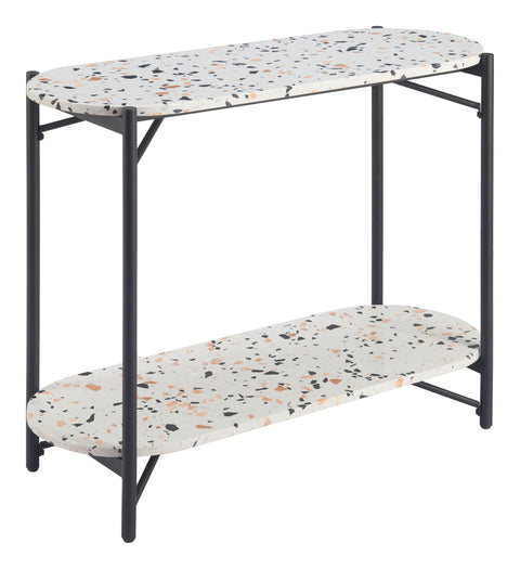 Tuxedo Console Table Multicolor, Multicolor Console Table, Modern Style, Faux Terrazzo Stone Oval Shape Tabletop, Steel, Indoor Living, 35.2" W x 13.2" D x 29.9" H