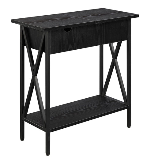 Convenience Concepts Tucson Flip Top End Table with Charging Station 23.75" - Modern Living Room Table with Storage Shelf, Side Table Side Table, Black/Black