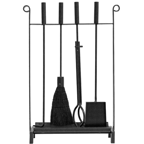Contemporary Inline Fireplace Tool Set with Ash Pan, 4-Piece Wrought Iron Tools, Black Powder-Coated, Compact 30.75-Inch