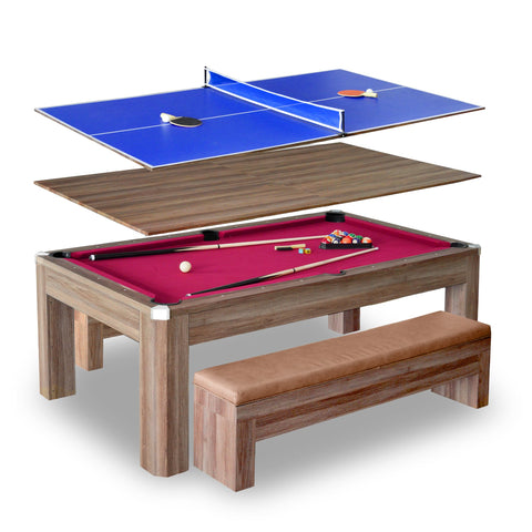 Hathaway Newport 7 Foot Dining Pool Table Combo with Game Accessories, & 2 Benches – Multifunctional Billiards Table with Ping Pong & Dining Top – Light Oak Finish, Chrome Accents, Red Felt