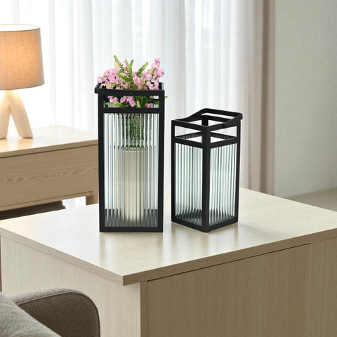 Drusilla Fluted Glass and Metal Decorative Lantern - Classic Style - 16" Tall - Black - for Living Room Display - by Cheungs