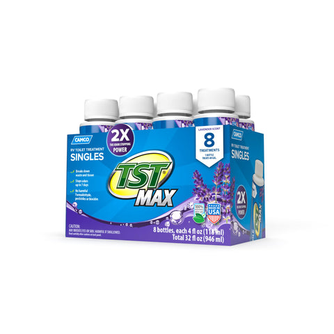 Camco TST MAX RV Toilet Treatment - Formaldehyde Free - Breaks Down Waste And Tissue - Septic Tank Safe - Treats up to 8-40 Gallon Holding Tanks -Lavender Scent, (8) 4 oz Bottles (41551)
