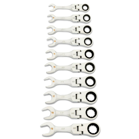 GEARWRENCH 10 Piece 90-Tooth 12 Point Stubby Flex Combination Ratcheting Wrench Set, Metric | 10mm - 19mm | 86870