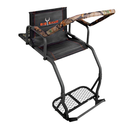 BIG GAME 1-Person Ladder Tree Stand for Hunting Deer, Flex-Tek Seat, 17' Tall, Black - Adjustable Climbing Treestand with Platform and Safety Harness for Shooting