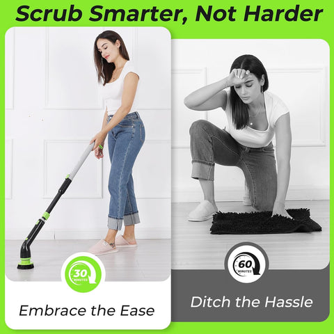 EasyScrub Cordless Electric Spin Scrubber - Powerful 350 RPM Cleaning with 4 Replaceable Heads, Adjustable Extension Handle, IPX7 Waterproof, Ideal for Shower, Tiles, Tubs, and Grout