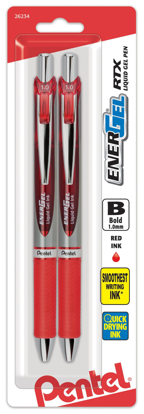 Pentel EnerGel RTX Retractable Liquid Gel Pen, Bold Line, Metal Tip, Red Ink 2-Pack (BL80BP2B)