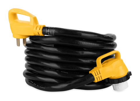 Camco Power Grip 25-Ft 50 Amp RV Extension Cord w/90° Locking End - Rated for 125/250V & 12,500W - Features Threaded Locking Ring for Weatherproof Connection & Coated w/Heat-Resilient PVC (55574)