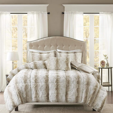 Oakestry 4-PC Zuri Soft Oversized Comforter Set Animal Printed Reverse Faux Mink Modern All Season Bedding Set with Matching Sham, Full/Queen, Sand