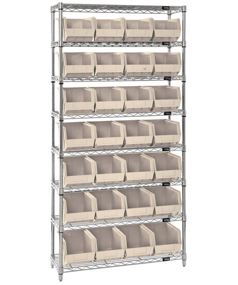 Quantum Storage Systems WR8-240IV 8-Tier Complete Wire Shelving System with 28 QUS240 Ivory Giant Open Hopper Bins, Chrome Finish, 14" Width x 36" Length x 74" Height