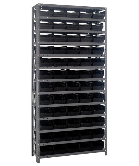 Quantum Storage Systems 1275-102BK Steel Shelving Unit with 4" Shelf Bins, 12" D x 36" W x 75" H, Black