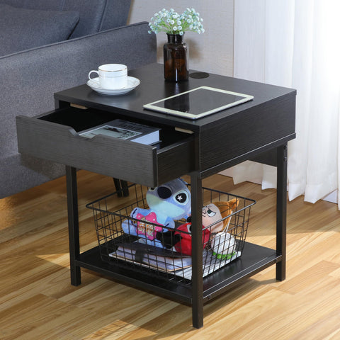 JJS Side End Table, Nightstand, Bedside Table with Drawer and Storage Shelves, Sofa Table for Living Room, Bedroom, Accent Furniture, Easy Assembly, Black