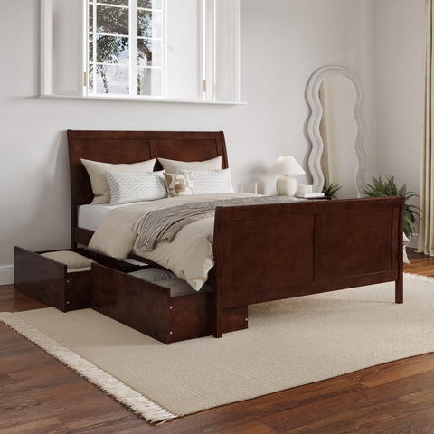 Portland Full Platform Bed with Matching Footboard and Turbo Charger with Urban Bed Drawers in Walnut