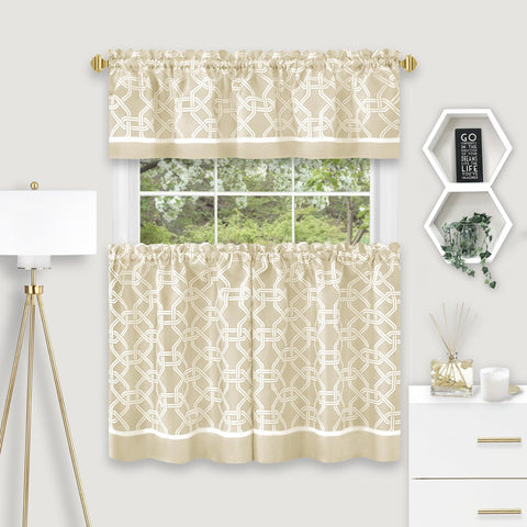 ACHIM Light Filtering Printed Tier & Valance Window Curtain Set - 58 x 24/58 x 13 - Arlington (Tan) - Machine Washable Polyester Drape for Kitchen, Living, & Dining Room Home Decor
