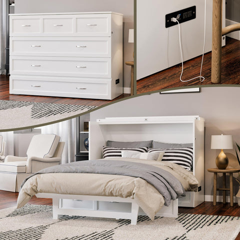 AFI, Northfield Murphy Bed Chest Full with 6" Mattress, Storage Drawer & Built-in USB Charger, White