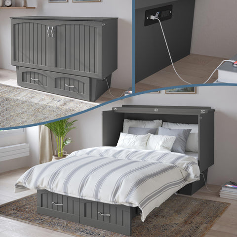 AFI, Nantucket Full Size Murphy Bed Chest with Mattress, Storage Drawer and Built-in USB Charger, Grey