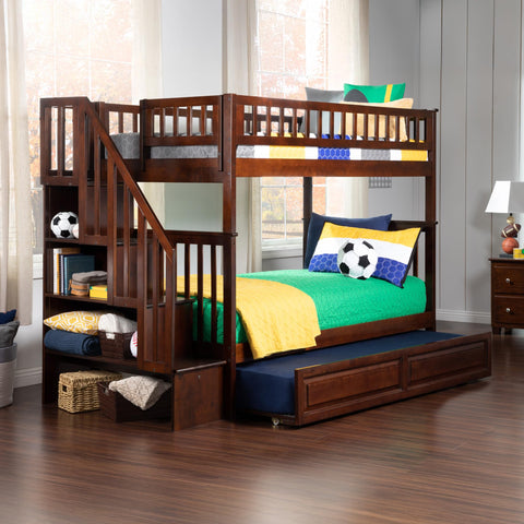AFI Woodland Staircase Bunk Raised Panel Trundle Bed, Twin, Walnut, Twin/Twin