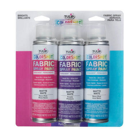 Tulip ColorShot Instant Fabric Spray Paint, Permanent Color Spray-On Fabric Paint, 3 oz Brights 3 Pack, Neon Pink, Purple, Neon Blue