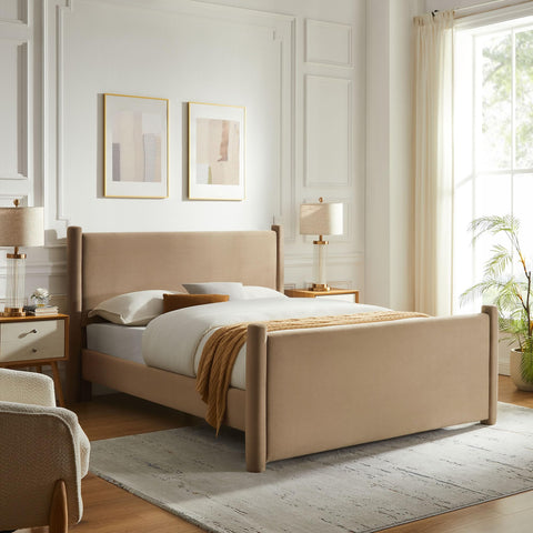 Modway Rael Full Platform Bed Frame with Upholstered Headboard and Footboard in Taupe – Stain-Resistant Performance Velvet Full Size Bed with Rounded Posts
