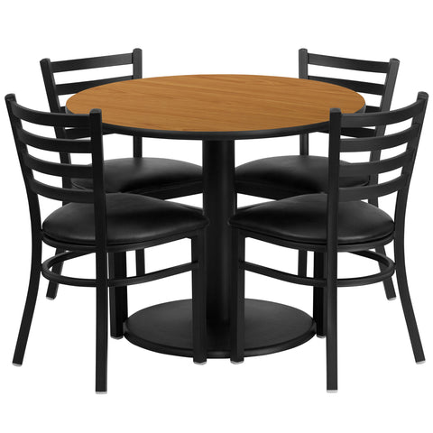 Flash Furniture 36'' Round Natural Laminate Table Set with Round Base and 4 Ladder Back Metal Chairs - Black Vinyl Seat